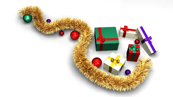 Colored gifts with a golden piece of tinsel — Stock Photo, Image