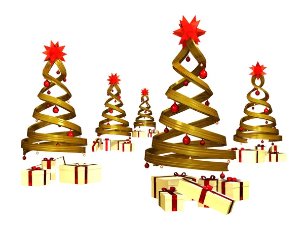 Many gifts under five golden design pines — Stock Photo, Image