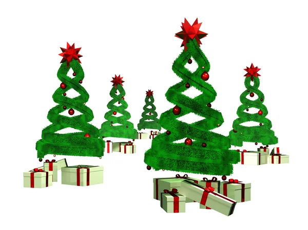 Muchos regalos bajo cinco pinos de diseño verde — Foto de Stock