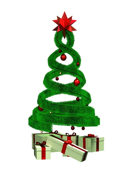 Některé dárky a zelené design borovice s červenou koulí — Stock fotografie