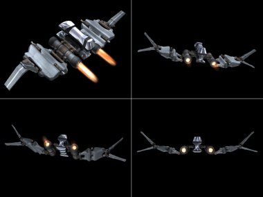 Four back views of a StarFighter in action clipart