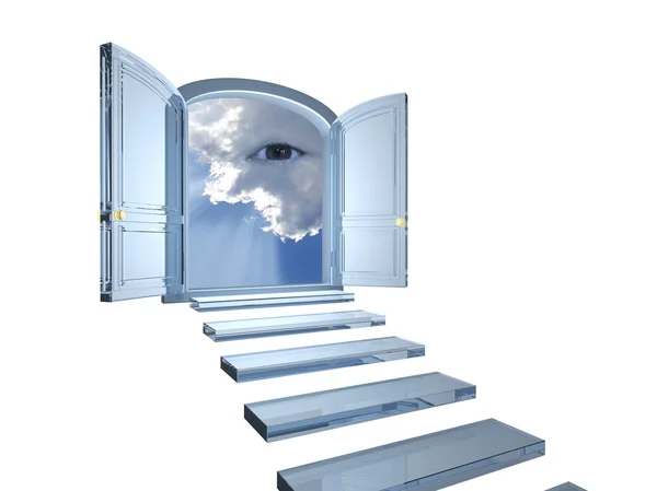 stock image Big crystal door opened on a mystic eye in clouds