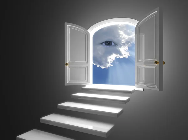 Stora vita dörren öppnas på en mystic eye i moln — Stockfoto