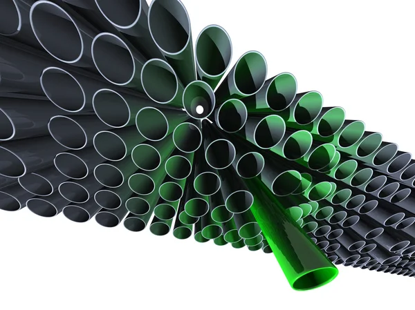 stock image Lot of grey pipes with one high green