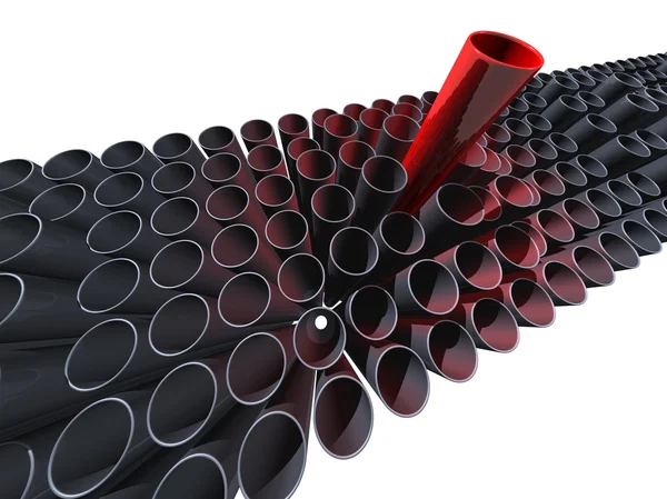 Muchos tubos grises con un gran rojo — Foto de Stock