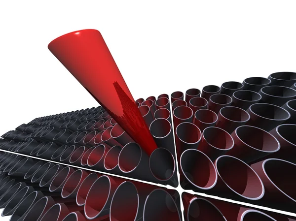 Un gran tubo rojo por encima de muchos otros tubos grises — Foto de Stock