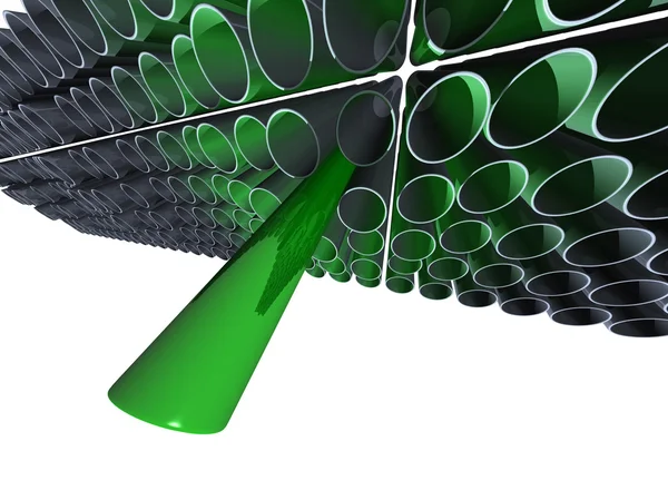 Un tubo verde alto por encima del lote de tuberías grises — Foto de Stock