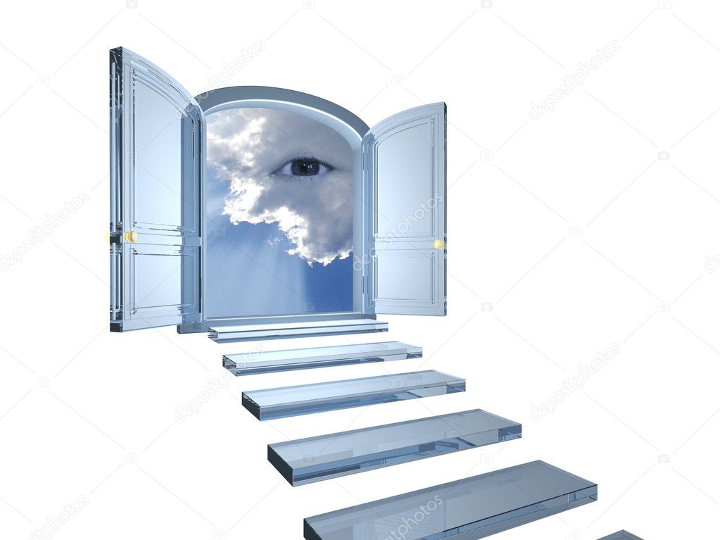 Big crystal door opened on a mystic eye in clouds