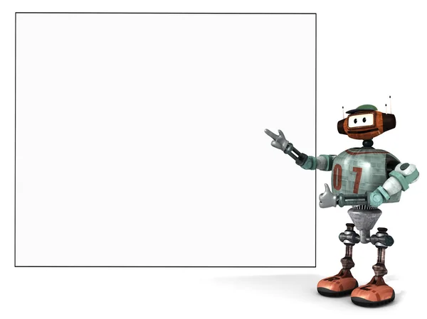 Djoby der Roboter zeigt stolz ein großes leeres Plakat — Stockfoto