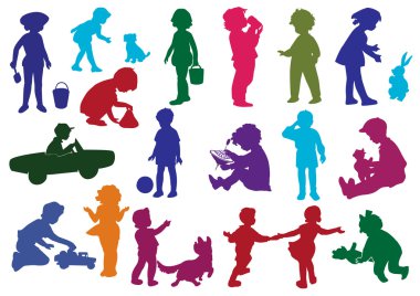 Set of drawn colored silhouettes of children (kids) clipart