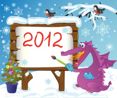 Cute Dragon writes on a forest board your message clipart