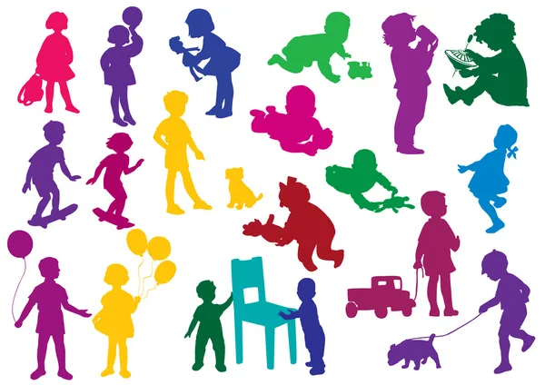 Set of drawn colored silhouettes of children (kids) — Stock Vector