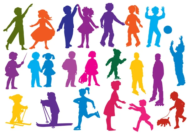 Set of drawn colored silhouettes of children (kids) — Stock Vector