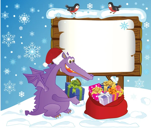 Dragon mignon, symbole 2012 année, dépose des cadeaux dans un sac . — Image vectorielle