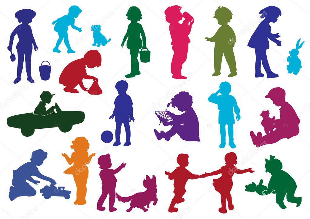Set of drawn colored silhouettes of children (kids)