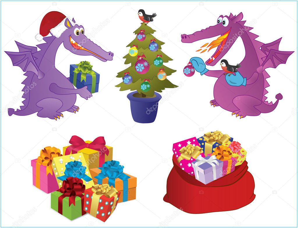Two cute dragons decorate a fir-tree. Presents.
