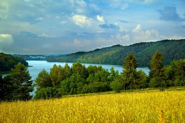 Холмистый пейзаж с озером — стоковое фото
