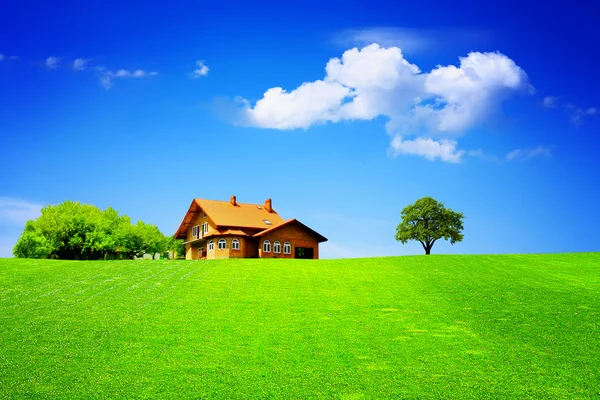 Nieuw huis op groene veld — Stockfoto