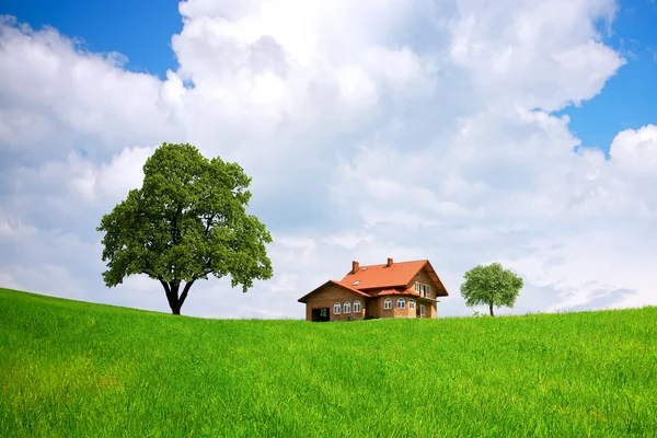 Huis en groene veld — Stockfoto
