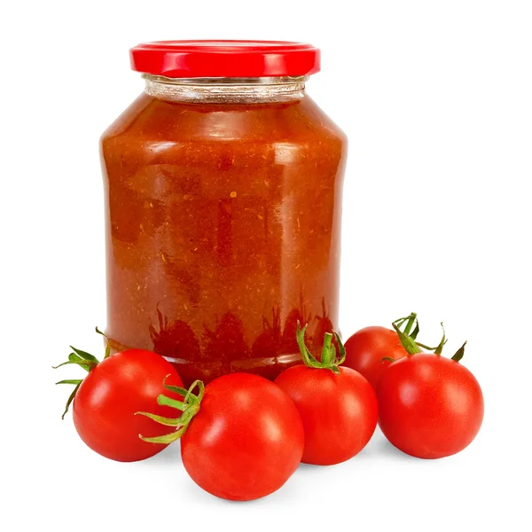 Ketchup de tomate e tomates — Fotografia de Stock