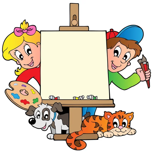 Niños de dibujos animados con lienzo de pintura — Vector de stock