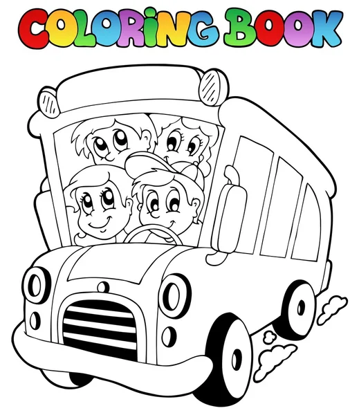 Livre à colorier avec bus et enfants — Image vectorielle
