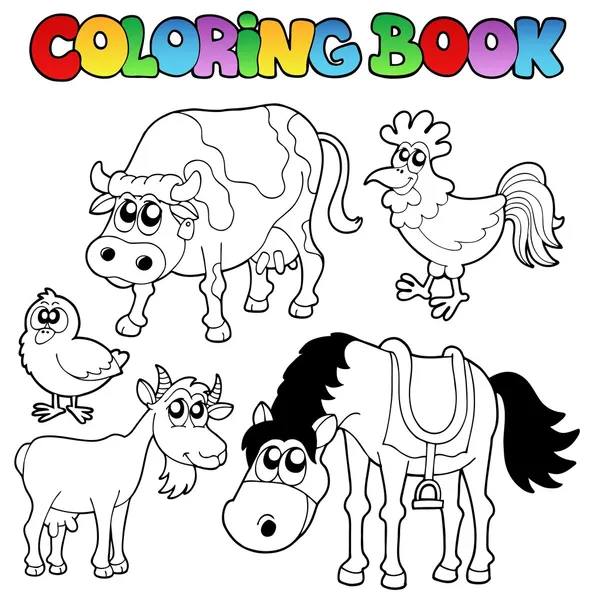 Livre à colorier avec des dessins animés de ferme — Image vectorielle