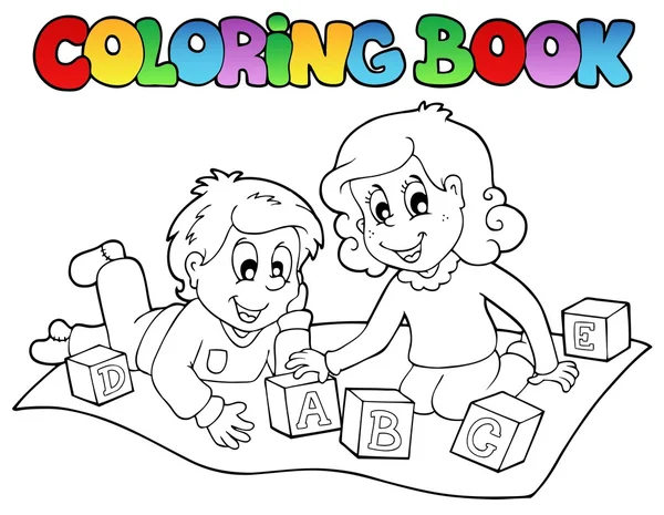 Coloring book with kids and bricks — Stock Vector