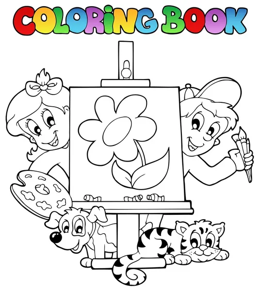 Libro da colorare con bambini e tela — Vettoriale Stock