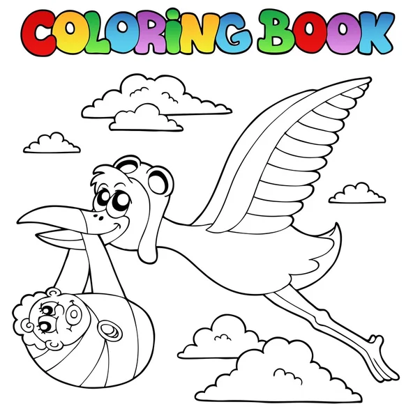 Livre à colorier avec cigogne et bébé — Image vectorielle