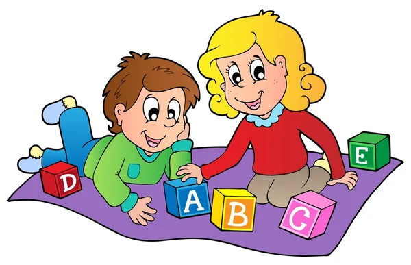 Två barn som leker med tegel — Stock vektor