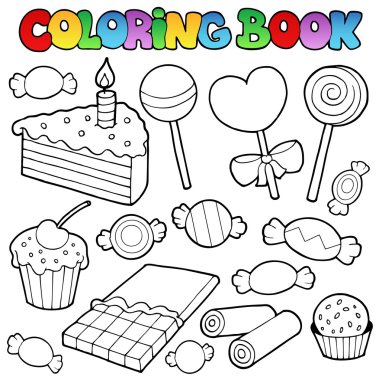 Coloring book candy and cakes clipart