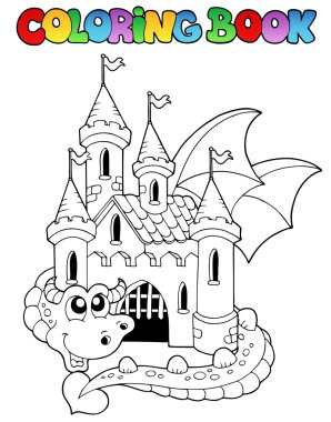 Coloring book castle and big dragon clipart