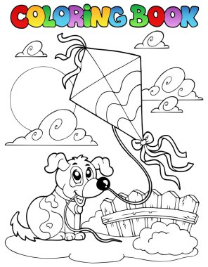 Coloring book with dog and kite clipart