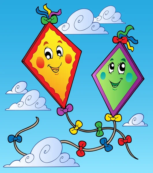 Two flying kites on blue sky — Stock Vector