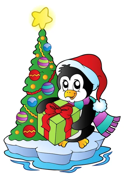 Cartoon penguin with Christmas tree — Stock Vector