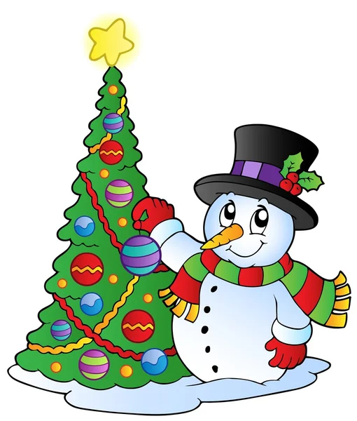クリスマスツリーを持つ漫画の雪だるま — ストックベクタ