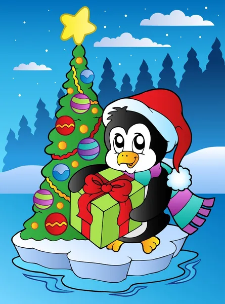 Christmas scene with penguin — Stock Vector