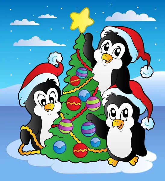 Christmas scene with three penguins — Stock Vector
