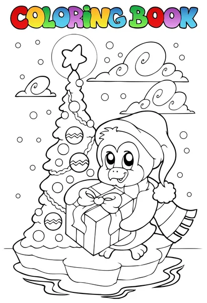 Coloring book penguin holding gift — Stock Vector