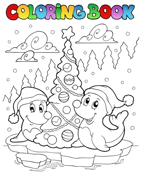 Coloring book two seals with tree — Stock Vector