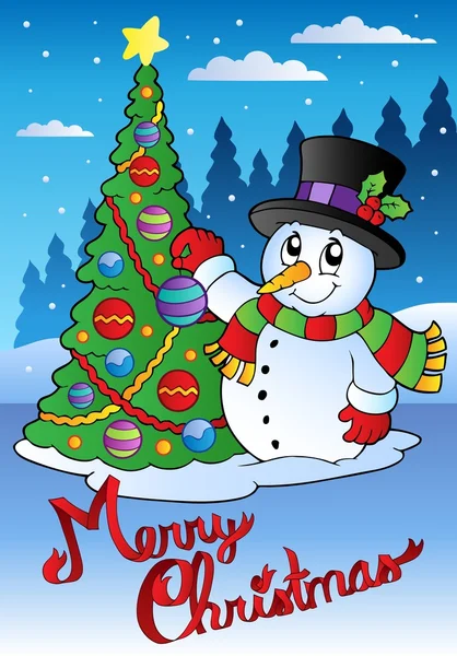 Frohe Weihnachten Karte mit Schneemann 1 — Stockvektor