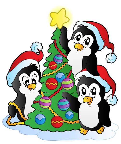 Tiga penguin dengan pohon Natal - Stok Vektor