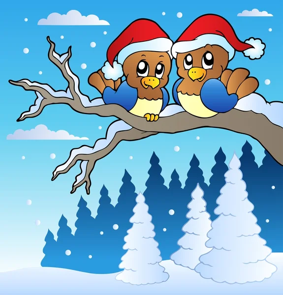 Dvě roztomilé ptáky s vánoční čepice — Stockový vektor
