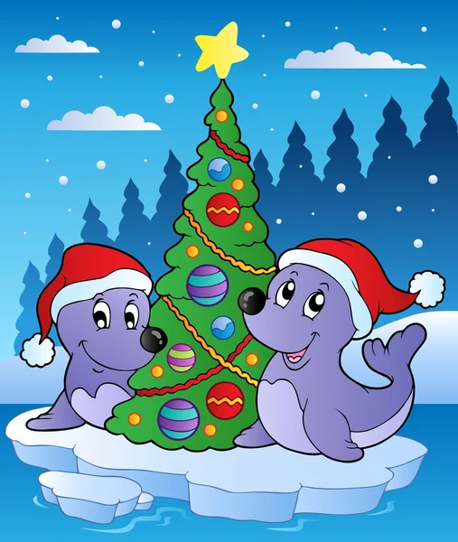 Two seals with Christmas tree — Stock Vector