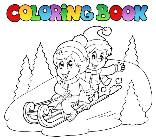 Kleuren van boek twee kinderen op slee — Stockvector