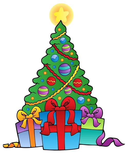 贈り物と一緒に飾られたクリスマスツリー — ストックベクタ