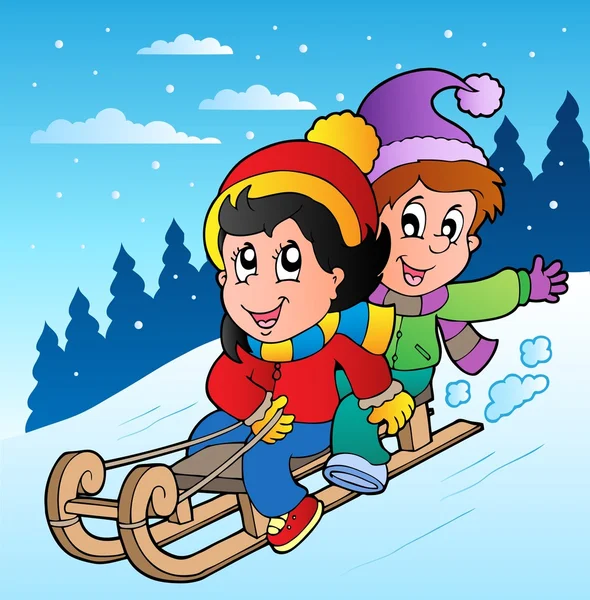 Winter scene with kids on sledge — Stock Vector