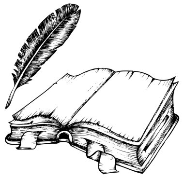 Drawing of opened book with feather clipart