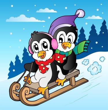 Winter scene with penguins sledging clipart